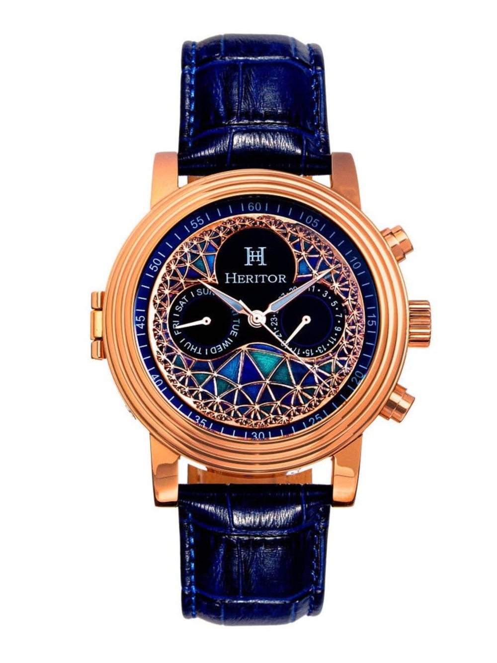 Heritor Men's Blue Dial Rose Gold-Tone Case Leather Strap Watch